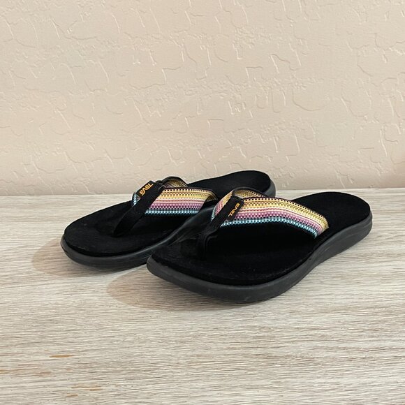 Teva 6 Flip Flop Sandals Voya Antiguous Black Multi Color Straps - Picture 1 of 12